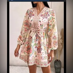 Pink floral paisley balloon puff sleeve belted waist mini dress so fun XS