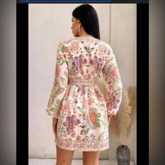 Pink floral paisley balloon puff sleeve belted waist mini dress so fun XS