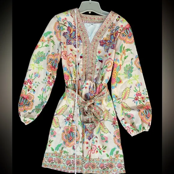Pink floral paisley balloon puff sleeve belted waist mini dress so fun XS