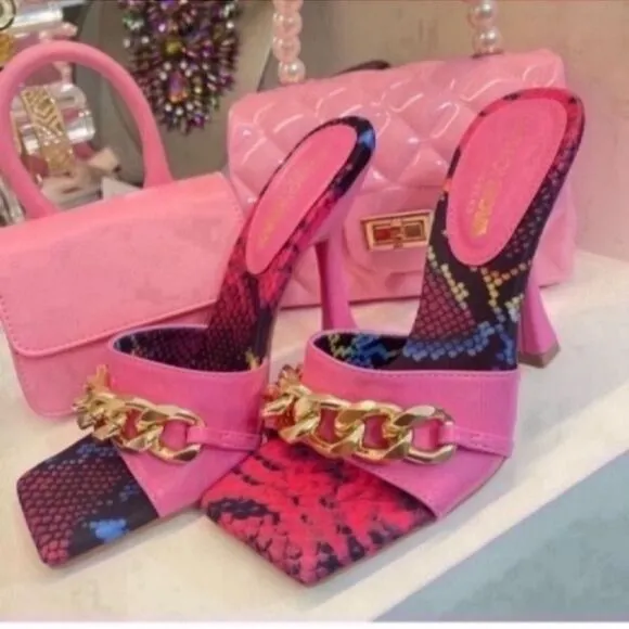 Pink High Heel Sandals with Chain Detail Size 6