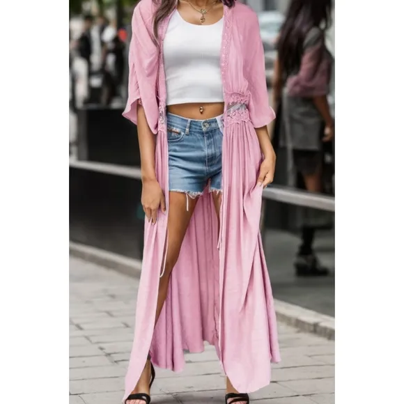 Pink Lace Open Front Cardigan