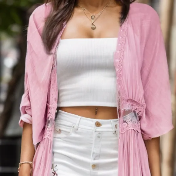 Pink Lace Open Front Cardigan