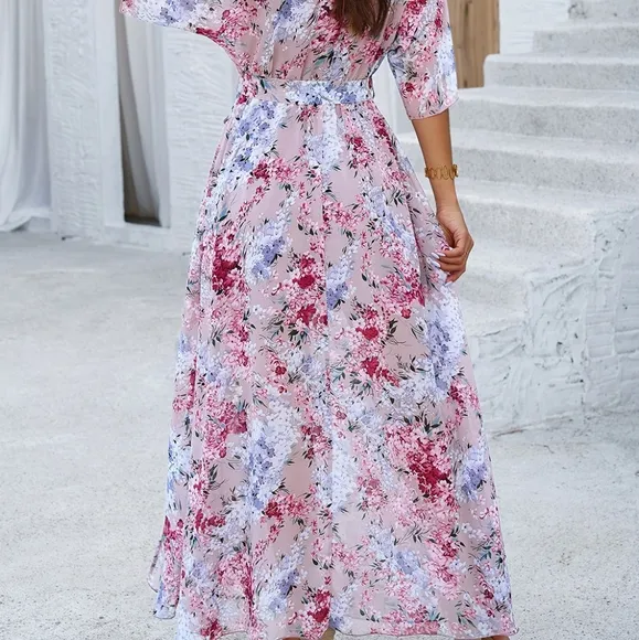 Pink Printed Half Slit Dress