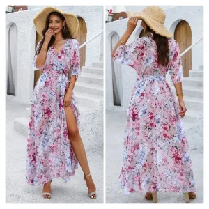 Pink Printed Half Slit Dress