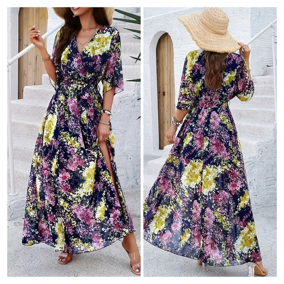 Pink Printed Half Slit Dress