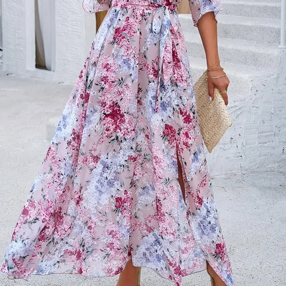 Pink Printed Half Slit Dress