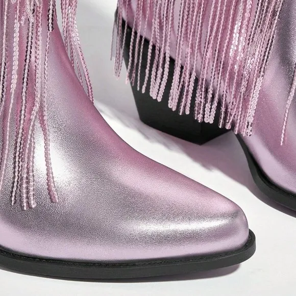 Pink Trendy Women Fringe &amp; Sequins Decor Point Toe Chunky Heeled Western Boots