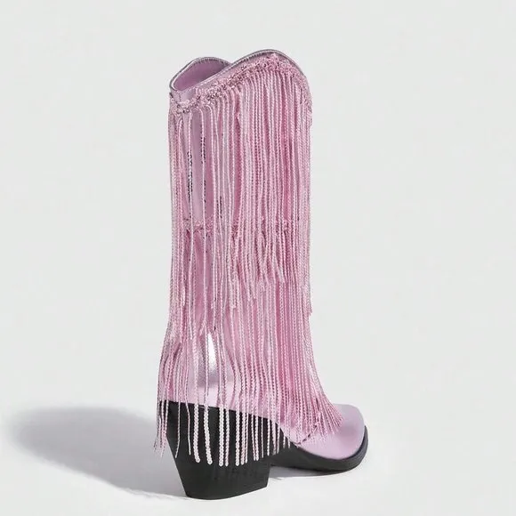 Pink Trendy Women Fringe &amp; Sequins Decor Point Toe Chunky Heeled Western Boots