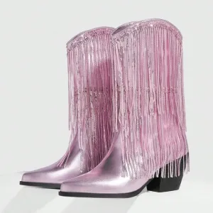 Pink Trendy Women Fringe &amp; Sequins Decor Point Toe Chunky Heeled Western Boots