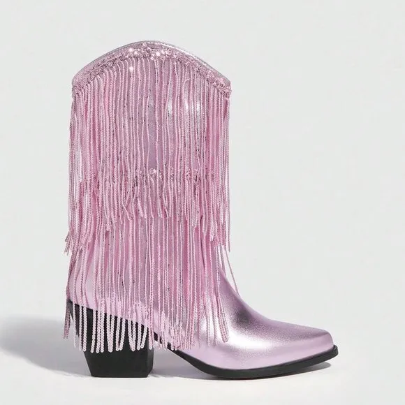Pink Trendy Women Fringe &amp; Sequins Decor Point Toe Chunky Heeled Western Boots