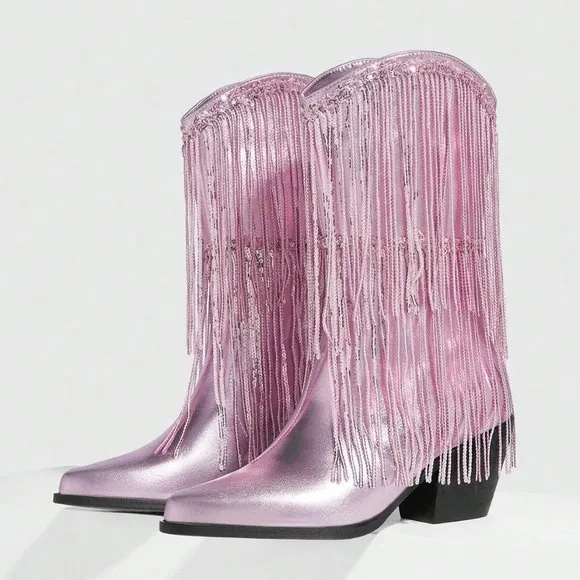 Pink Trendy Women Fringe &amp; Sequins Decor Point Toe Chunky Heeled Western Boots