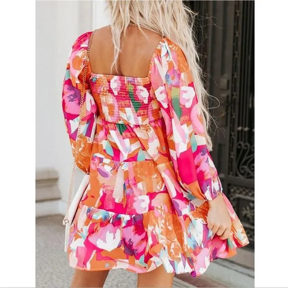 Pink Floral Tiered Mini Dress