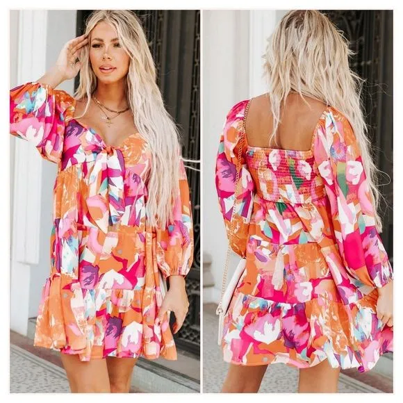 Pink Floral Tiered Mini Dress