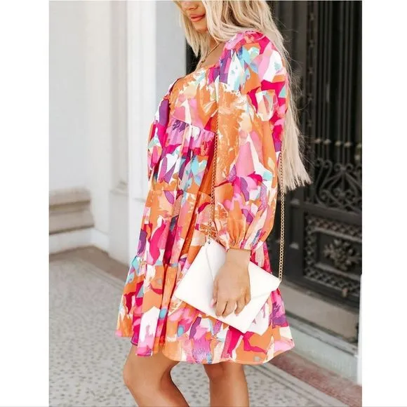 Pink Floral Tiered Mini Dress