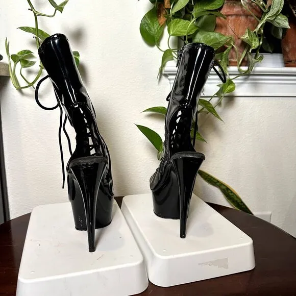 Pleaser Delight 1016 Black Patent Platform Boots – Size 8 Lace-Up Stiletto Heels