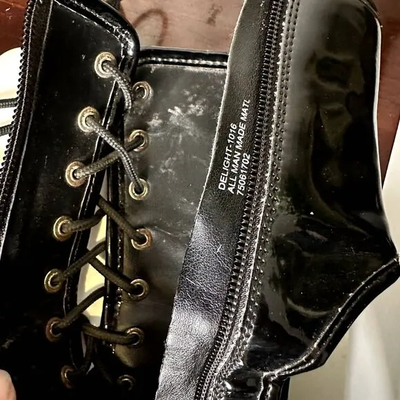 Pleaser Delight 1016 Black Patent Platform Boots – Size 8 Lace-Up Stiletto Heels