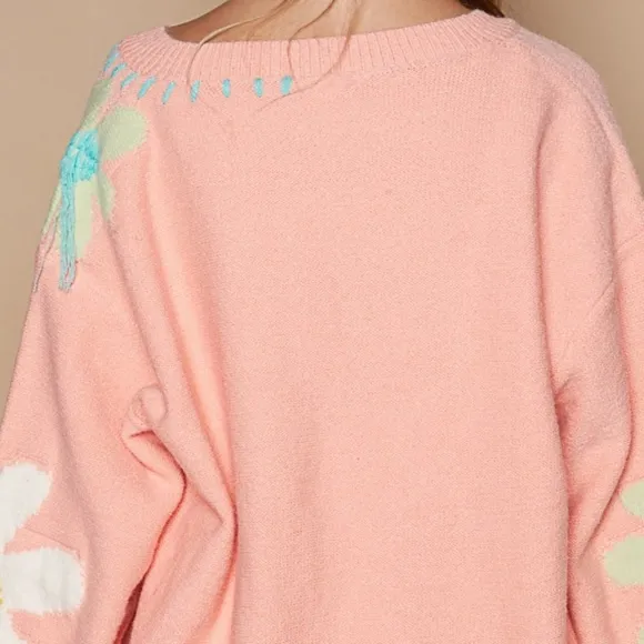 POL Daisy Fringe Retro Contrast Flower Top Embroidered Pullover Knit Sweater