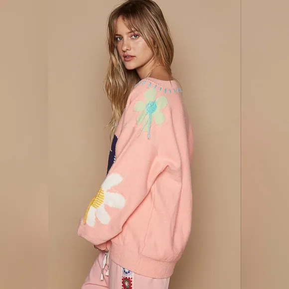 POL Daisy Fringe Retro Contrast Flower Top Embroidered Pullover Knit Sweater