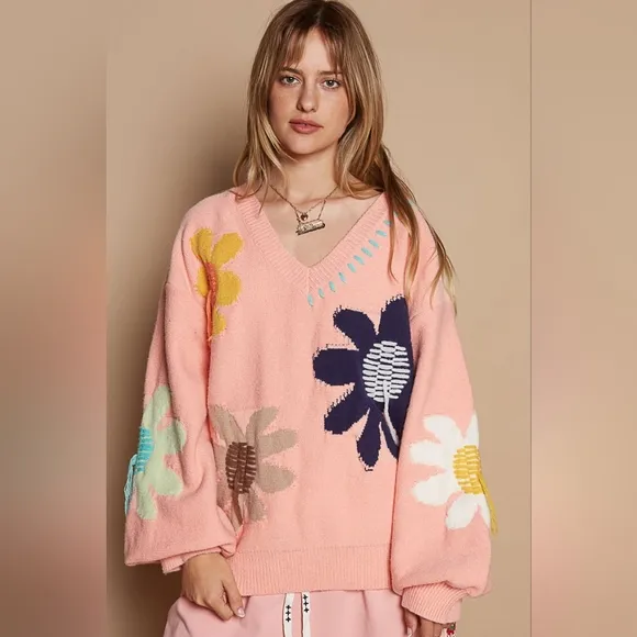 POL Daisy Fringe Retro Contrast Flower Top Embroidered Pullover Knit Sweater