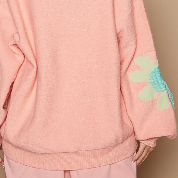 POL Daisy Fringe Retro Contrast Flower Top Embroidered Pullover Knit Sweater