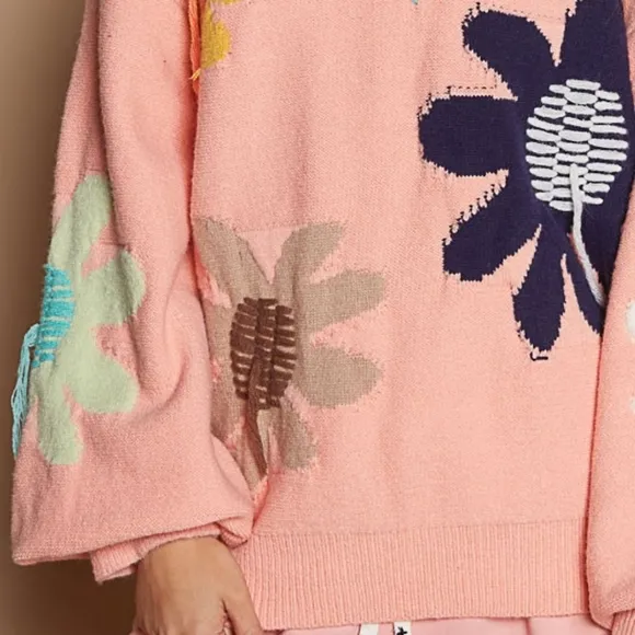 POL Daisy Fringe Retro Contrast Flower Top Embroidered Pullover Knit Sweater