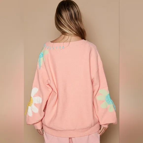 POL Daisy Fringe Retro Contrast Flower Top Embroidered Pullover Knit Sweater