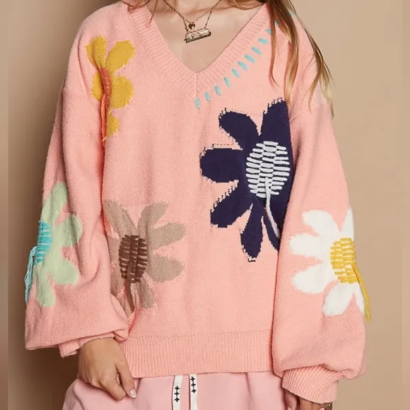 POL Daisy Fringe Retro Contrast Flower Top Embroidered Pullover Knit Sweater