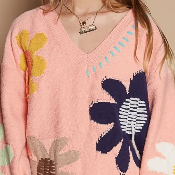 POL Daisy Fringe Retro Contrast Flower Top Embroidered Pullover Knit Sweater