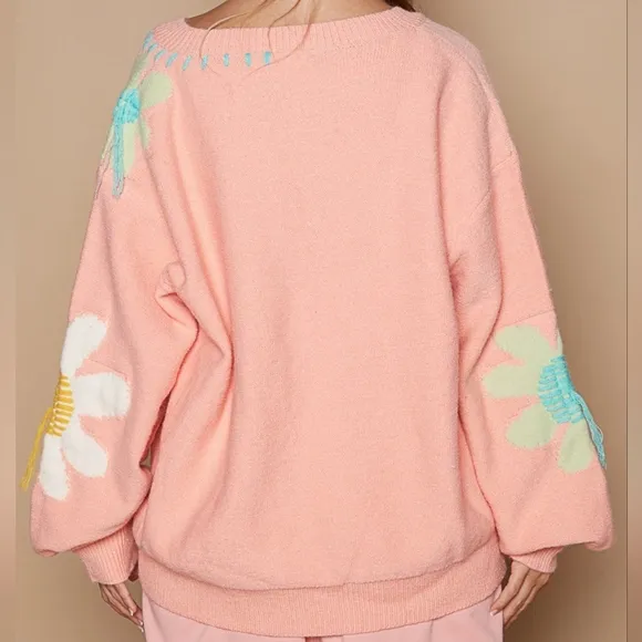 POL Daisy Fringe Retro Contrast Flower Top Embroidered Pullover Knit Sweater