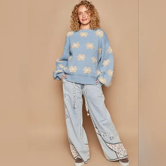 POL Fuzzy French Terry Daisy Knit Long Sleeve Shirt Oversized Pullover Retro Top