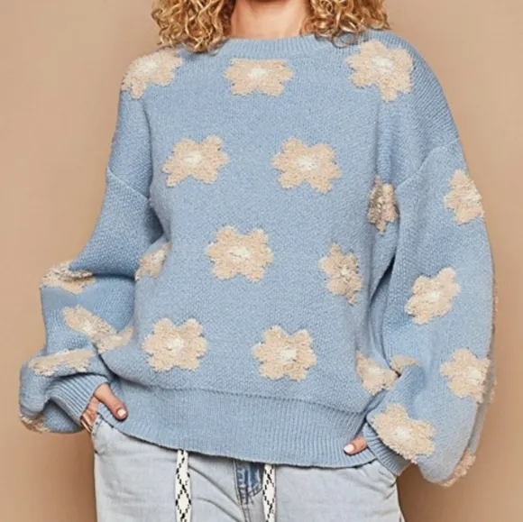 POL Fuzzy French Terry Daisy Knit Long Sleeve Shirt Oversized Pullover Retro Top