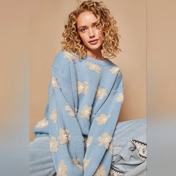 POL Fuzzy French Terry Daisy Knit Long Sleeve Shirt Oversized Pullover Retro Top