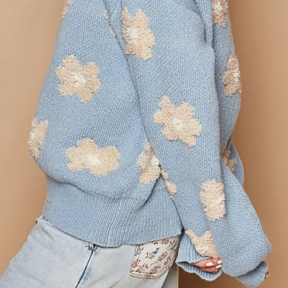 POL Fuzzy French Terry Daisy Knit Long Sleeve Shirt Oversized Pullover Retro Top