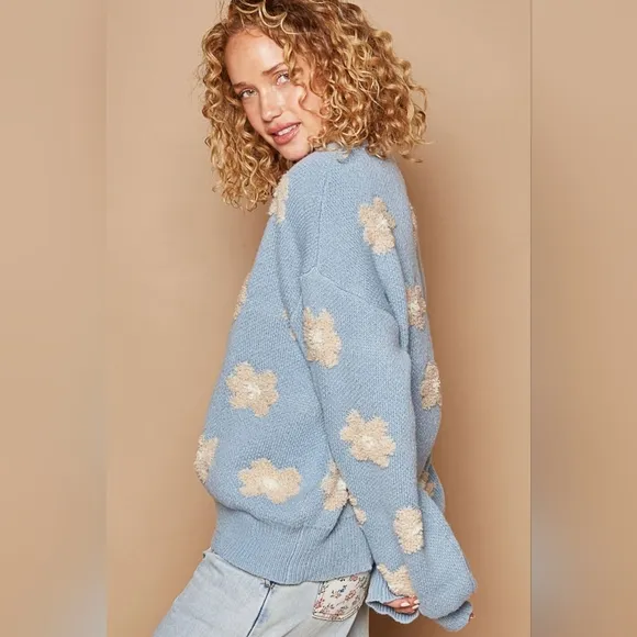 POL Fuzzy French Terry Daisy Knit Long Sleeve Shirt Oversized Pullover Retro Top