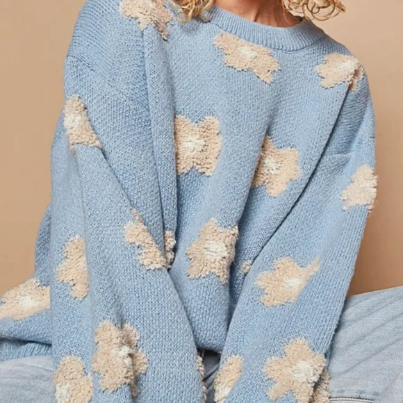 POL Fuzzy French Terry Daisy Knit Long Sleeve Shirt Oversized Pullover Retro Top