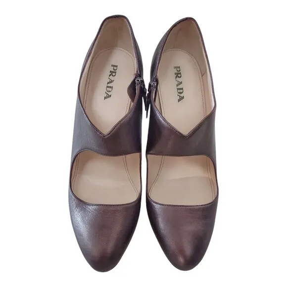 PRADA Rose Brown Leather Stiletto Cone Heel Metallic Round Toe EU Size 39.5