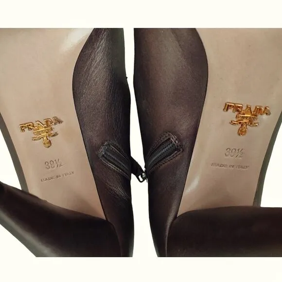 PRADA Rose Brown Leather Stiletto Cone Heel Metallic Round Toe EU Size 39.5