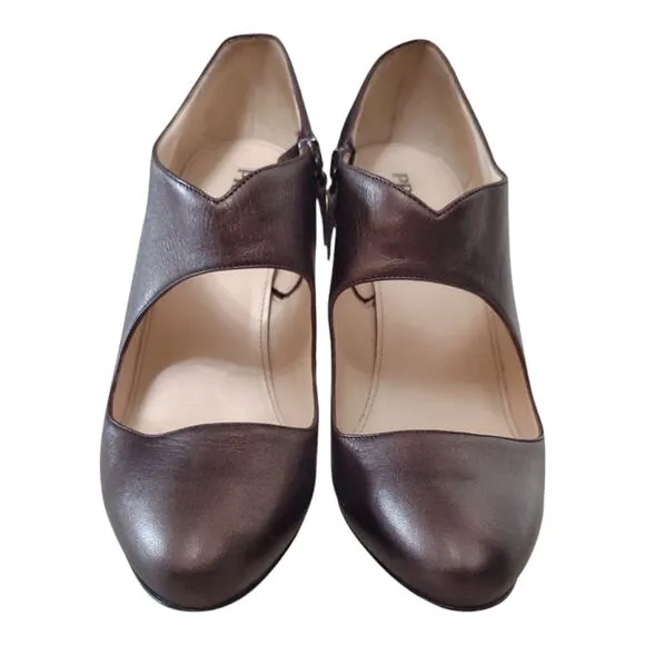 PRADA Rose Brown Leather Stiletto Cone Heel Metallic Round Toe EU Size 39.5
