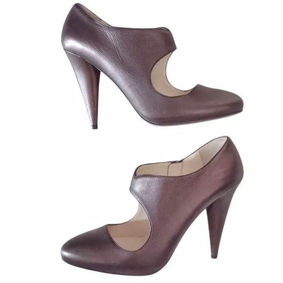 PRADA Rose Brown Leather Stiletto Cone Heel Metallic Round Toe EU Size 39.5