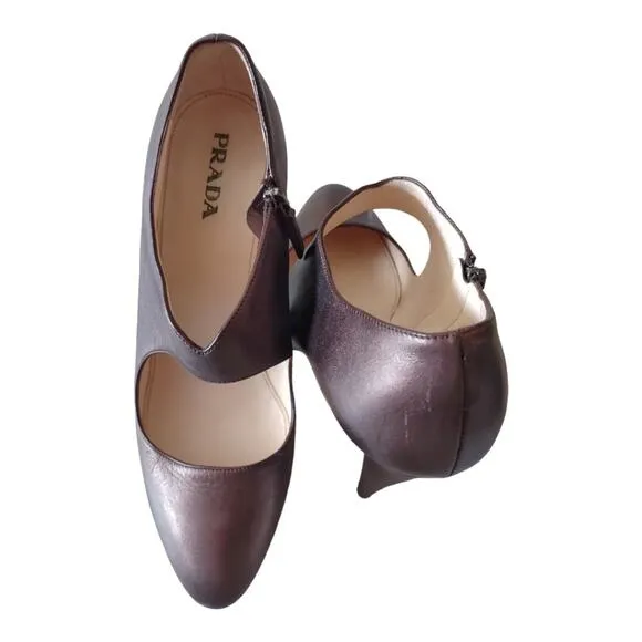 PRADA Rose Brown Leather Stiletto Cone Heel Metallic Round Toe EU Size 39.5
