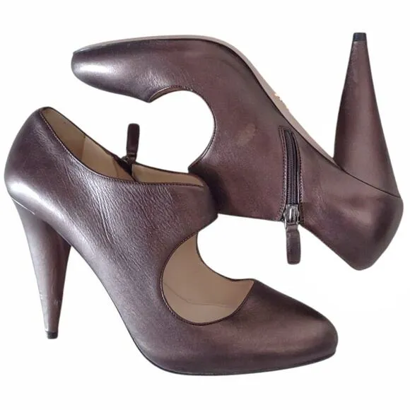 PRADA Rose Brown Leather Stiletto Cone Heel Metallic Round Toe EU Size 39.5