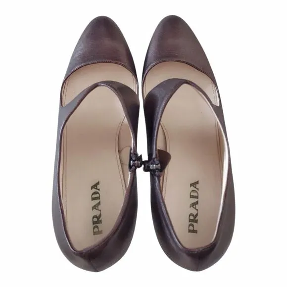 PRADA Rose Brown Leather Stiletto Cone Heel Metallic Round Toe EU Size 39.5