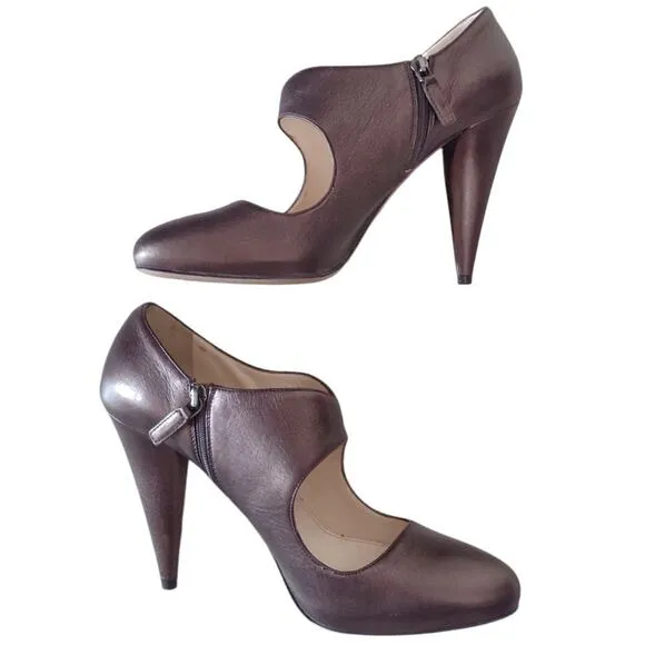 PRADA Rose Brown Leather Stiletto Cone Heel Metallic Round Toe EU Size 39.5