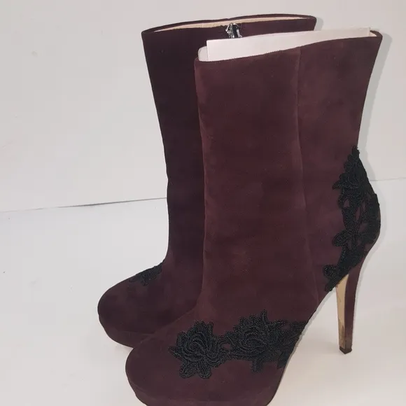 Purple Italian Booties La fenice Veneiza Plum Lace Suede Leather Ankle Boots