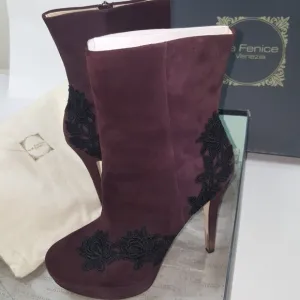 Purple Italian Booties La fenice Veneiza Plum Lace Suede Leather Ankle Boots