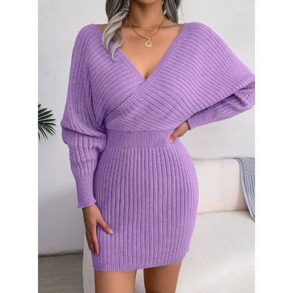 Purple Rib-Knit Sweater Dress