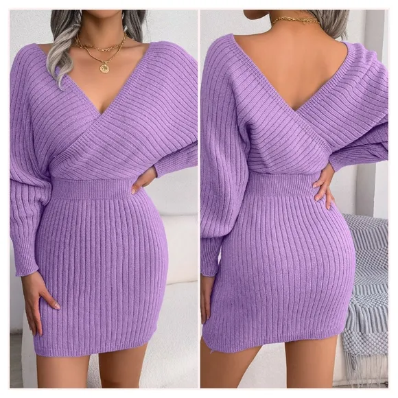 Purple Rib-Knit Sweater Dress