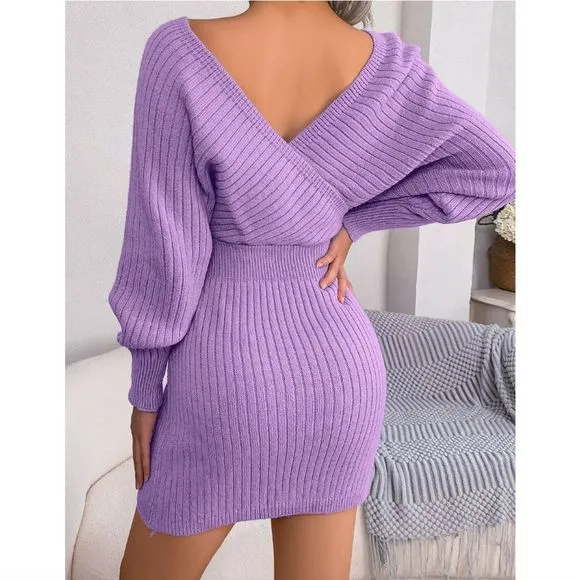 Purple Rib-Knit Sweater Dress