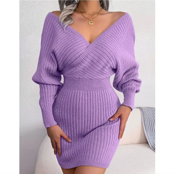 Purple Rib-Knit Sweater Dress