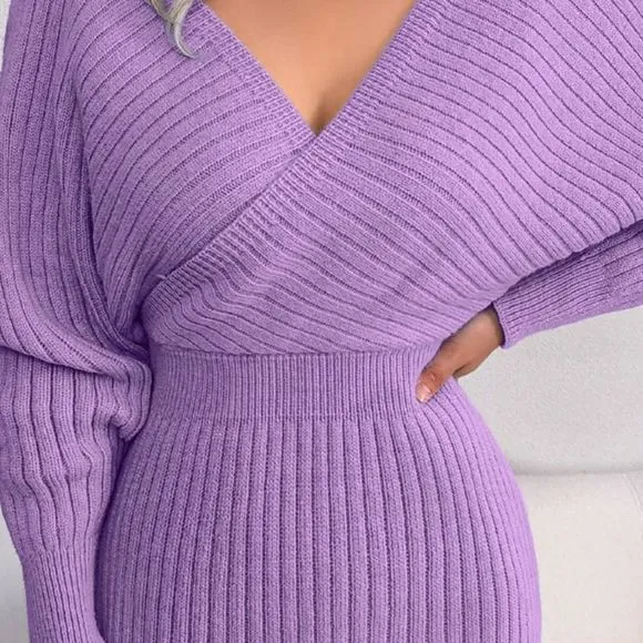 Purple Rib-Knit Sweater Dress